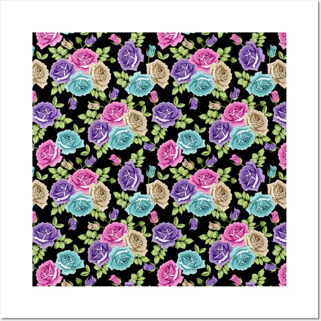 Botanical Roses Seamless Pattern On Black Background Wall Art by Designoholic